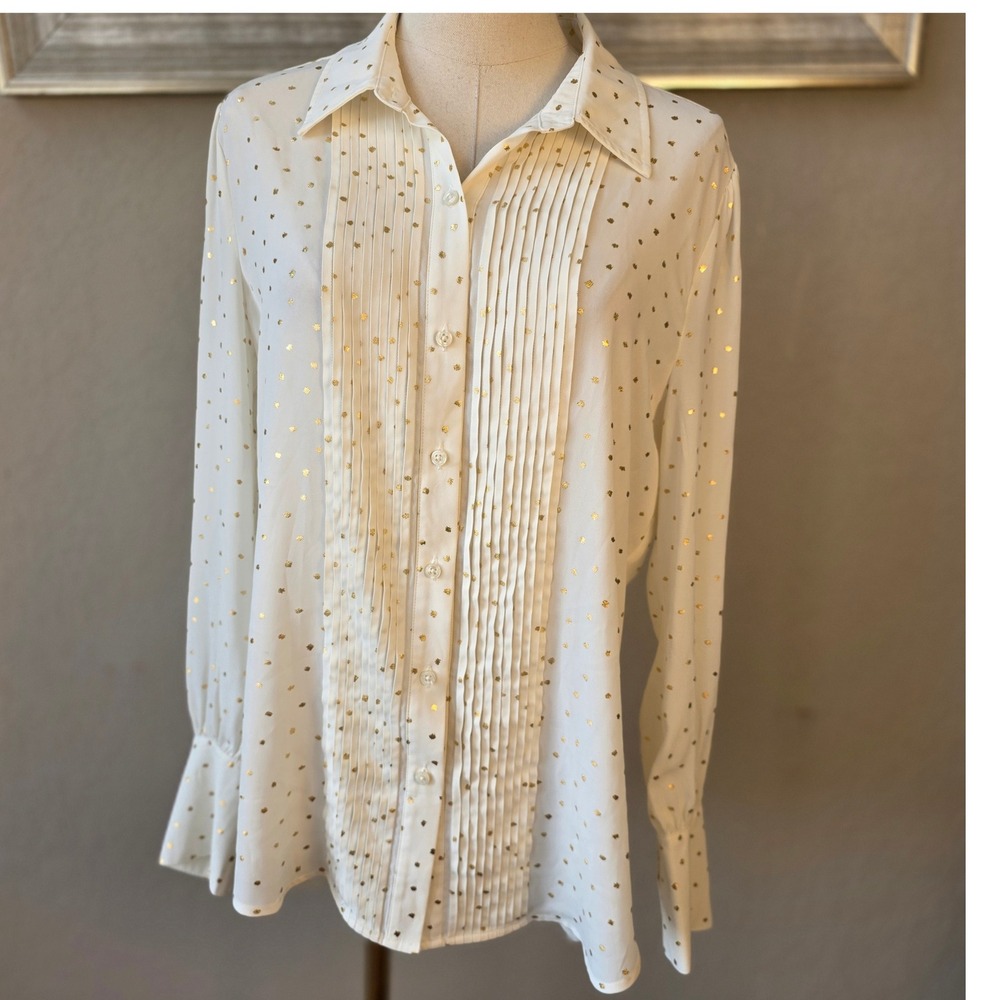 UNTUCKIT for Her White Gold Polka Dot Long Sleeve‎ Pintucked Top Women's Size 10